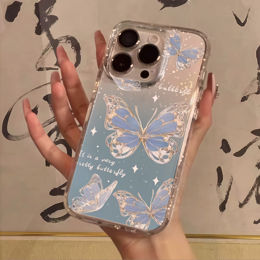 Phone Cases Expensive - Lüks Mavi Kelebek Şeffaf Simli Telefon